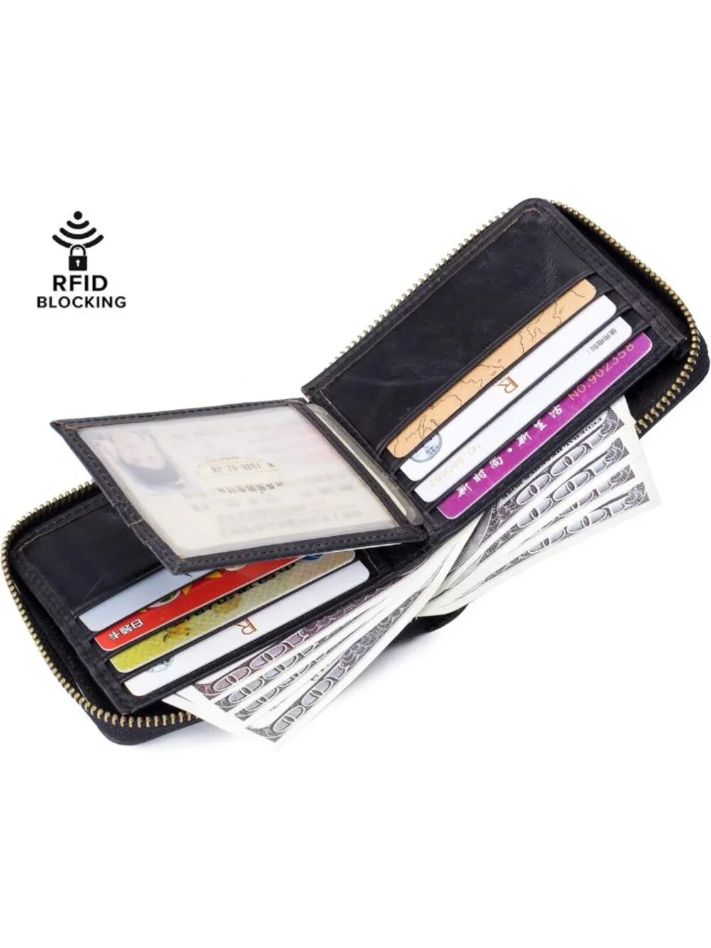 Genuine Leather RFID Blocking Bifold Wallet - Secure Zip Around, Multi Credit